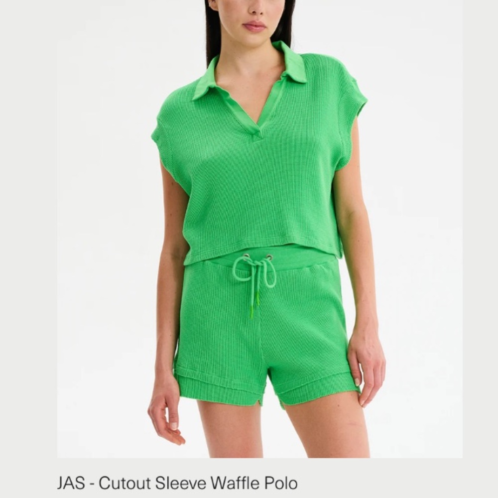 CHRLDR /Cheerleader JAS Cutout Sleeve Waffle Polo Crop Top Green Sz M